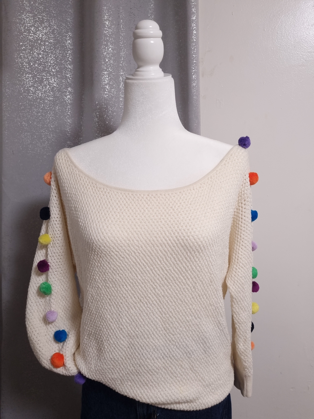 Anthropologie Emilia Pommed Boat Neck Cream Rainbow Pom Sweater Medium
